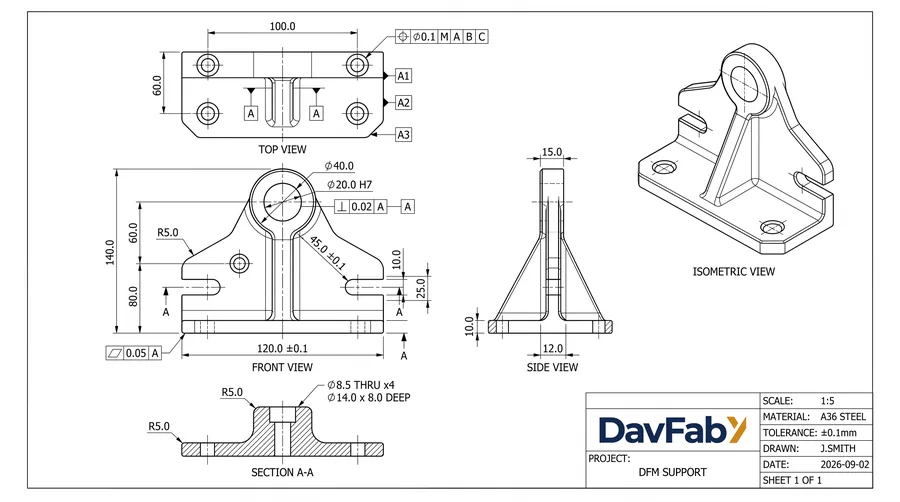 DavFab dimensional fabrication drawing showing precise tolerances, hole callouts, and a DFM support title block
