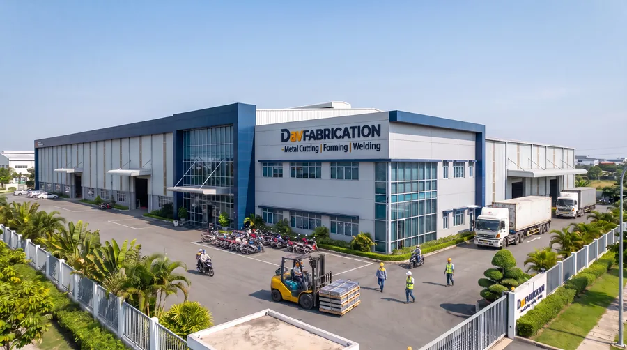 DavFab metal fabrication facility exterior in South Vietnam under bright daylight, with company signage reading DavFABRICATION Metal Cutting Forming Welding