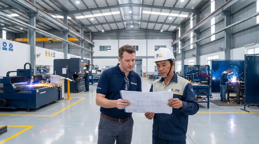DavFab Western manager and Vietnamese senior technician reviewing a fabrication drawing on the South Vietnam production floor, with laser cutting and welding stations operating in the background