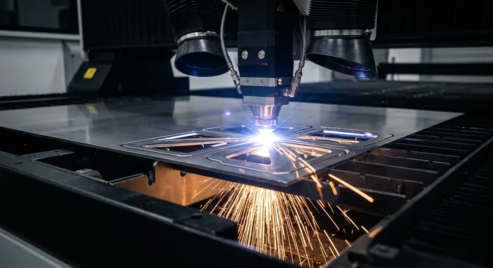 Fiber laser cutting steel sheet metal with controlled sparks at DavFab's South Vietnam facility