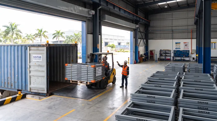 DavFab modular steel frame assemblies stacked and loaded into a shipping container for global export