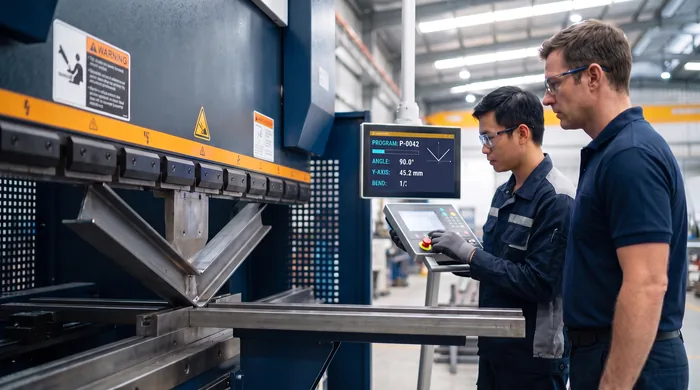 CNC press brake operator and engineer reviewing a digital readout while forming structural steel at DavFab